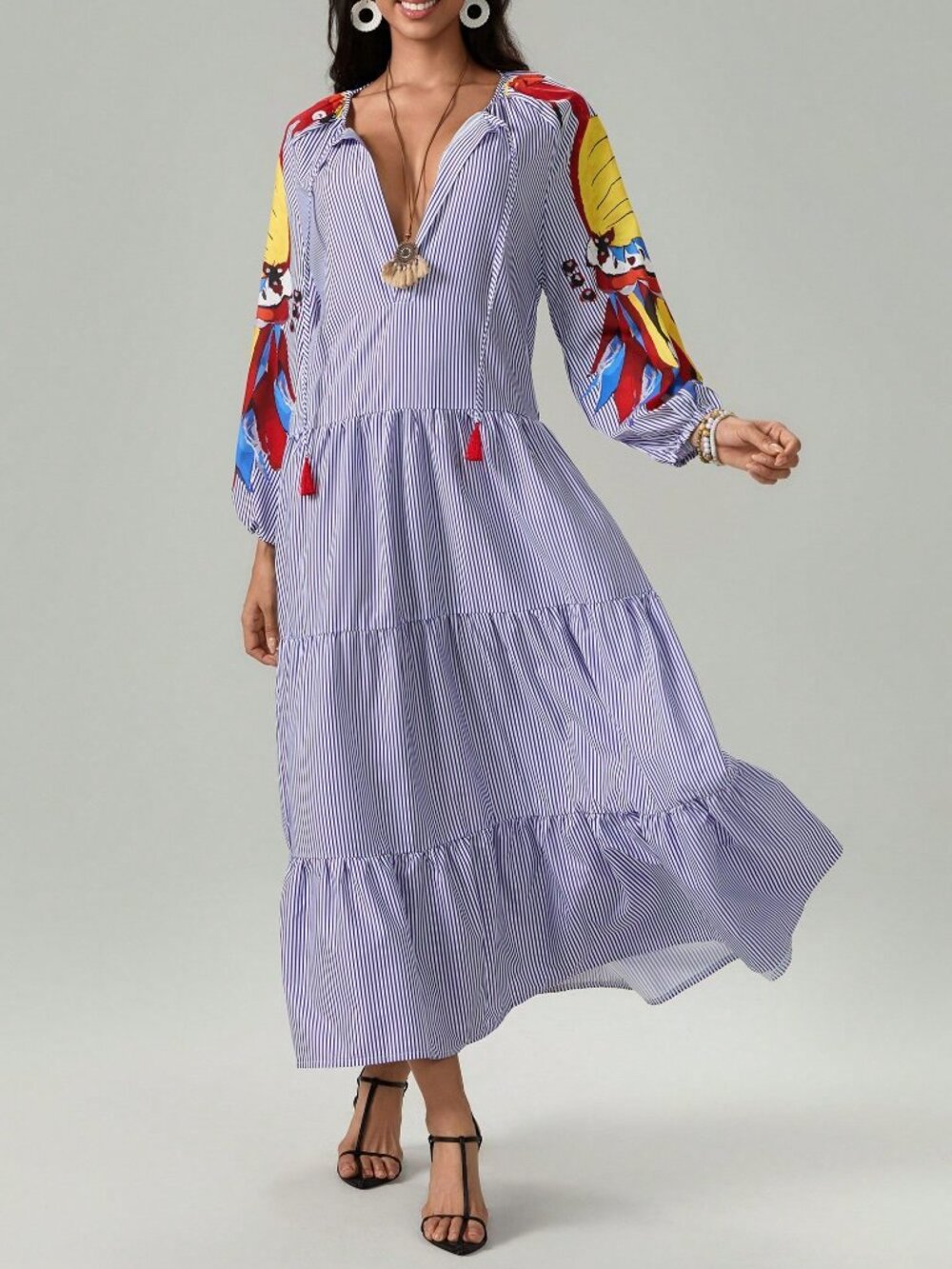 Blue Casual Women's Boho Floral Puff Sleeve Maxi Dress - Picture 6 of 10